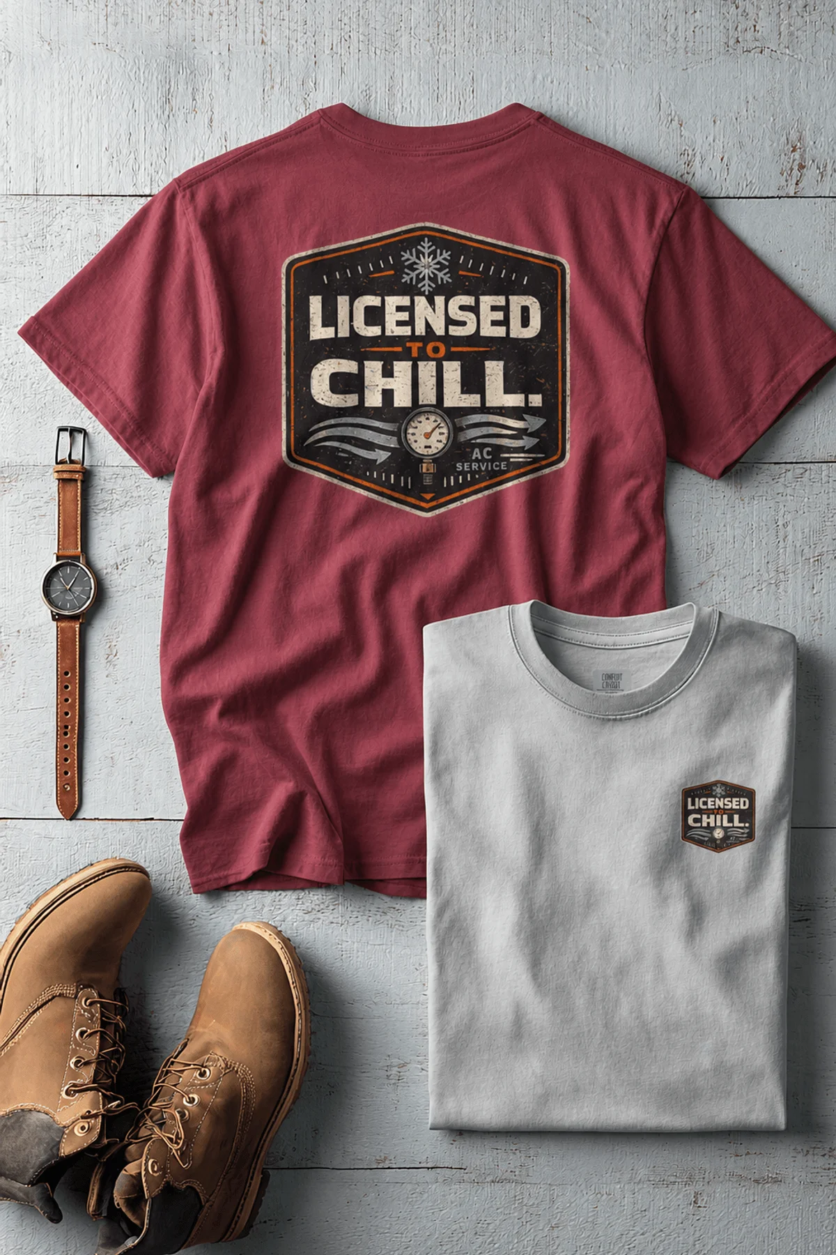 Funny HVAC Tee - "Licensed To Chill" HVAC Technician T-Shirt — chili t-shirt, flat-lay product photo | Pressure Tested Co