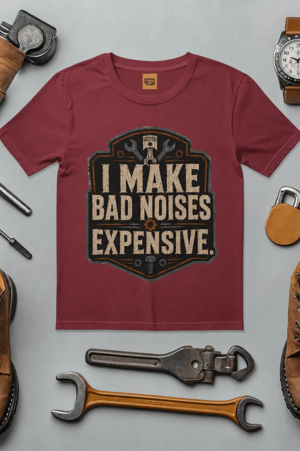 Funny Mechanic Tee - "I Make Bad Noises Expensive" Technician Worker/ Mechanic / Gearhead Tee — chili t-shirt, flat-lay product photo | Pressure Tested Co