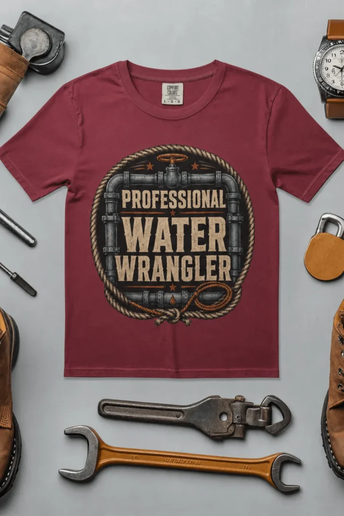 Funny Plumber Tee - "Professional Water Wrangler" Rustic Rope Graphic T-Shirt — chili t-shirt, flat-lay product photo | Pressure Tested Co