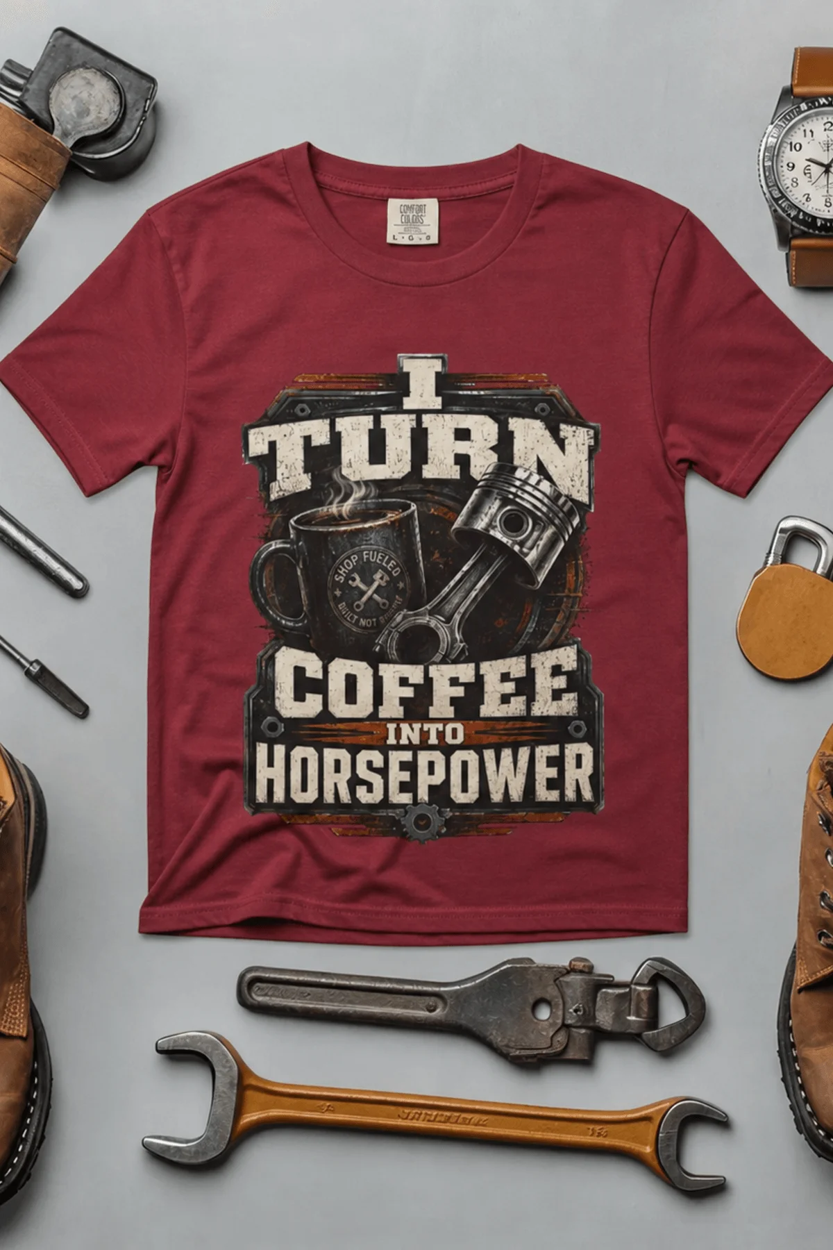 Mechanic Technician T-Shirt — "I Turn Coffee Into Horsepower" Vintage Work Shirt — chili — Flat-lay Mechanic Technician T-Shirt — "I Turn Coffee Into Horsepower" Vintage Work Shirt — chili t-shirt, flat-lay product photo | Pressure Tested Co