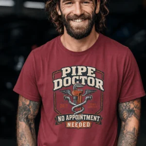 Plumber T-Shirt — "Pipe Doctor. No Appointment Needed" Vintage Work Shirt — chili t-shirt, model photo | Pressure Tested Co