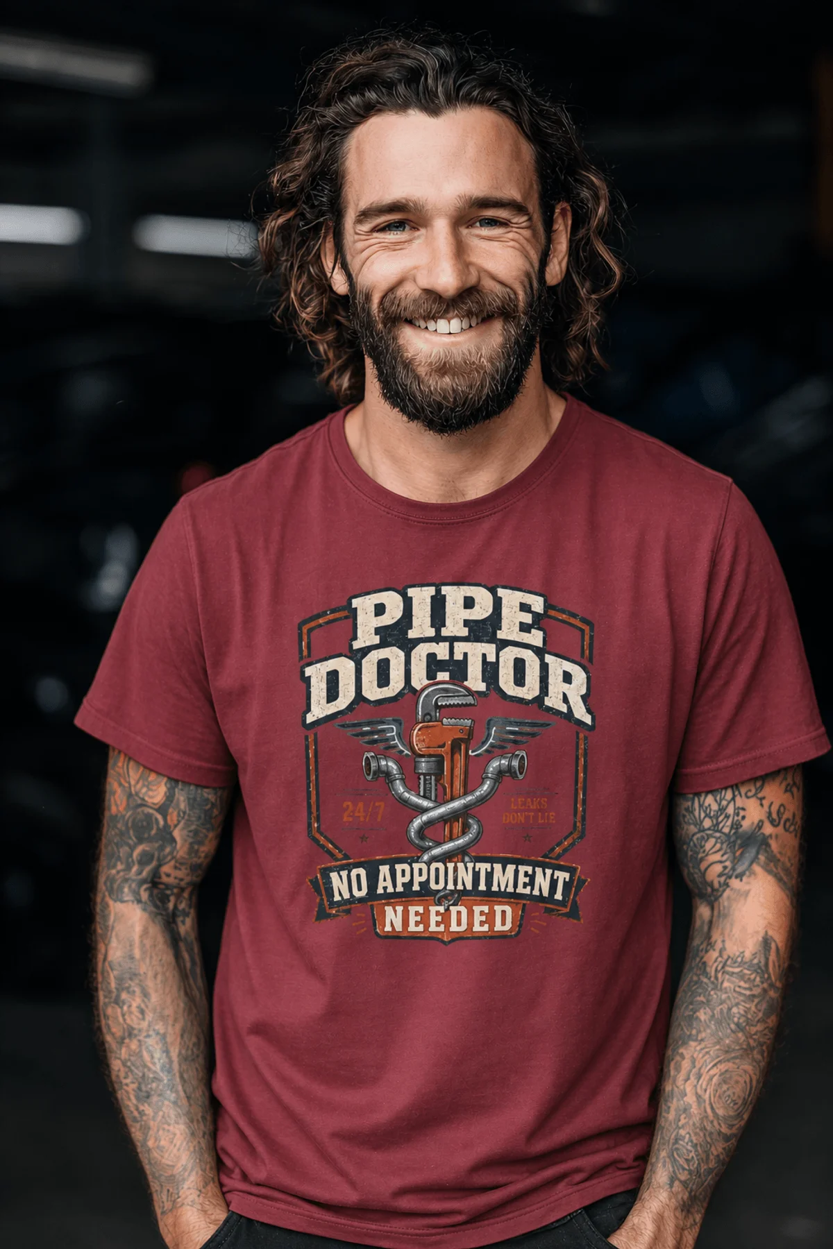 Plumber T-Shirt — "Pipe Doctor. No Appointment Needed" Vintage Work Shirt — chili — Model Plumber T-Shirt — "Pipe Doctor. No Appointment Needed" Vintage Work Shirt — chili t-shirt, model photo | Pressure Tested Co