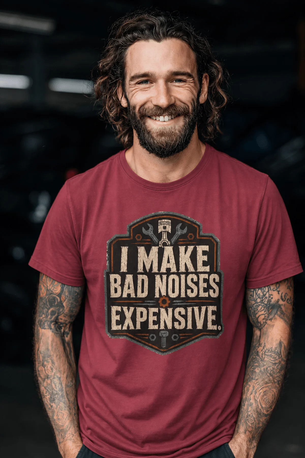 Funny Mechanic Tee - "I Make Bad Noises Expensive" Technician Worker/ Mechanic / Gearhead Tee — chili t-shirt, model photo | Pressure Tested Co