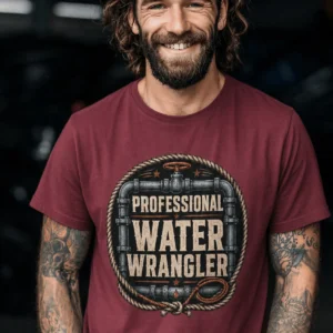 Funny Plumber Tee - "Professional Water Wrangler" Rustic Rope Graphic T-Shirt — chili t-shirt, model photo | Pressure Tested Co