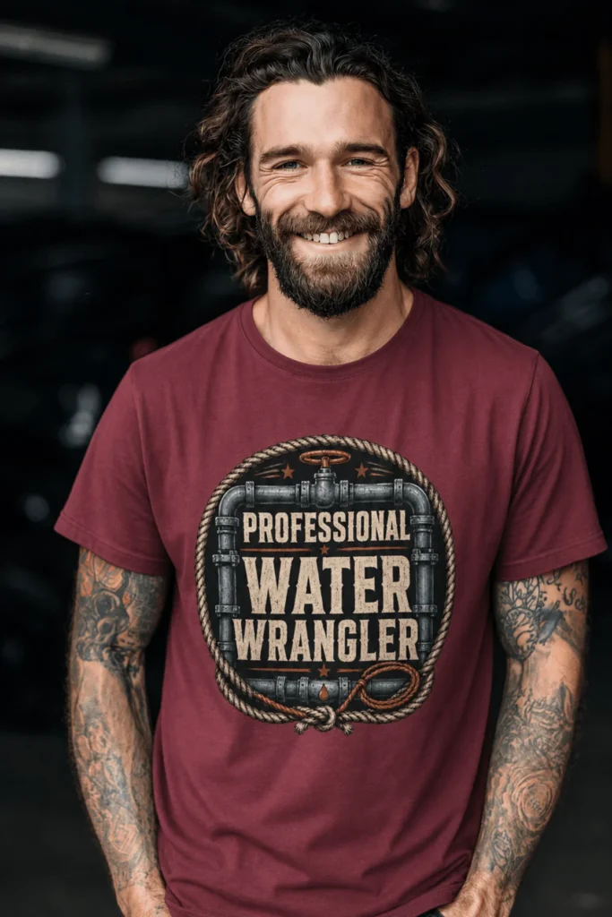 Funny Plumber Tee - "Professional Water Wrangler" Rustic Rope Graphic T-Shirt — chili t-shirt, model photo | Pressure Tested Co