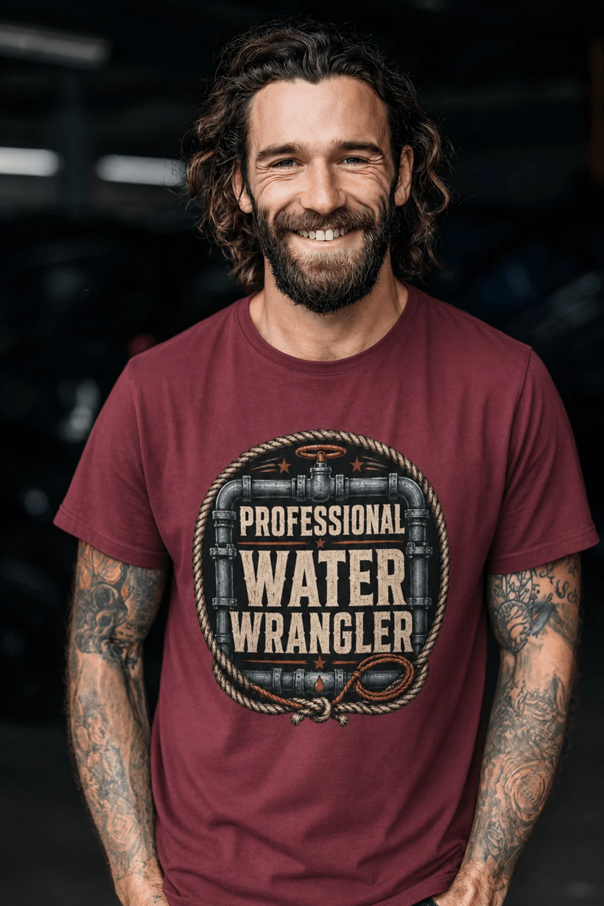 Funny Plumber Tee - "Professional Water Wrangler" Rustic Rope Graphic T-Shirt — chili t-shirt, model photo | Pressure Tested Co