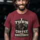 Mechanic Technician T-Shirt — "I Turn Coffee Into Horsepower" Vintage Work Shirt — chili — Model Mechanic Technician T-Shirt — "I Turn Coffee Into Horsepower" Vintage Work Shirt — chili t-shirt, model photo | Pressure Tested Co