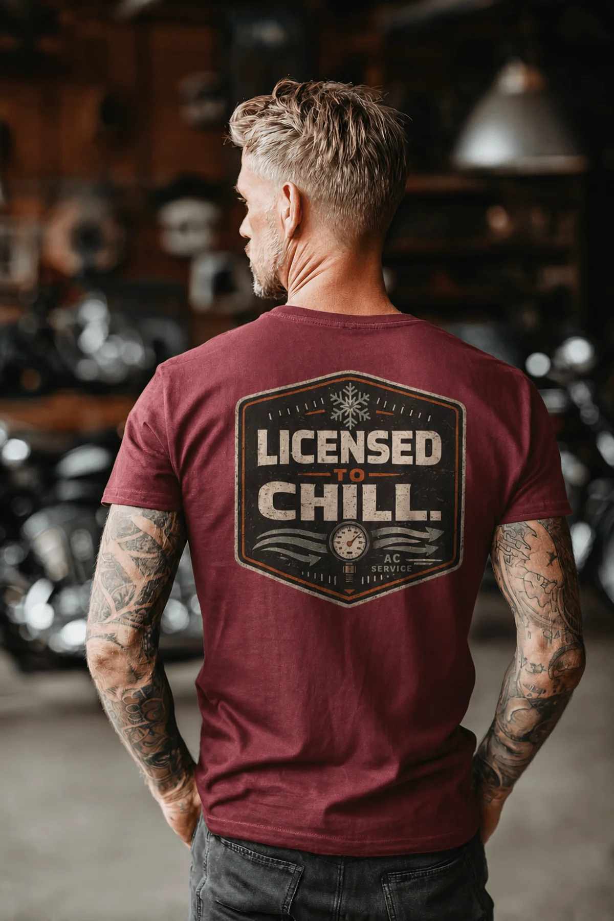 Funny HVAC Tee - "Licensed To Chill" HVAC Technician T-Shirt — chili t-shirt, model photo | Pressure Tested Co