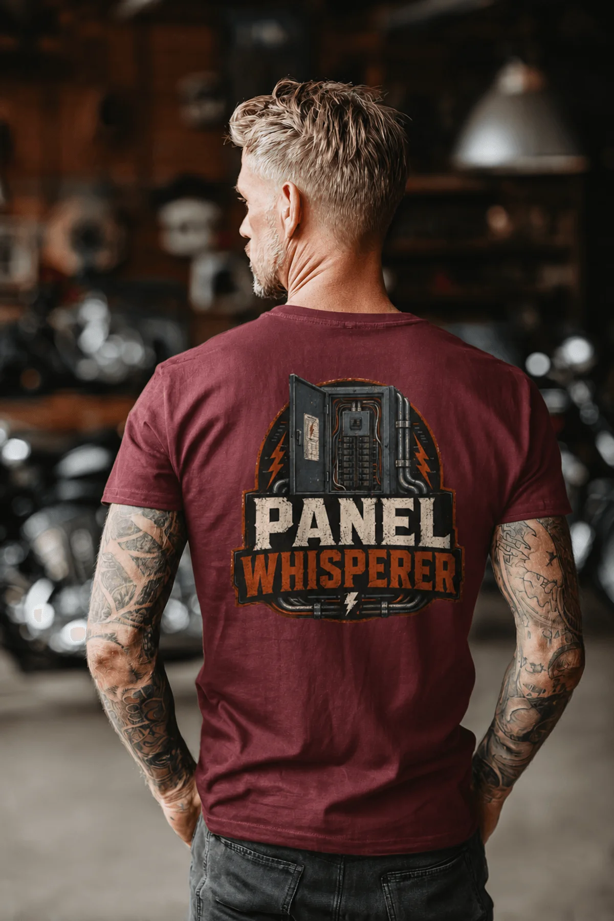 Funny Electrician Tee - "Panel Whisperer" Electrical Worker T-Shirt — chili t-shirt, model photo | Pressure Tested Co