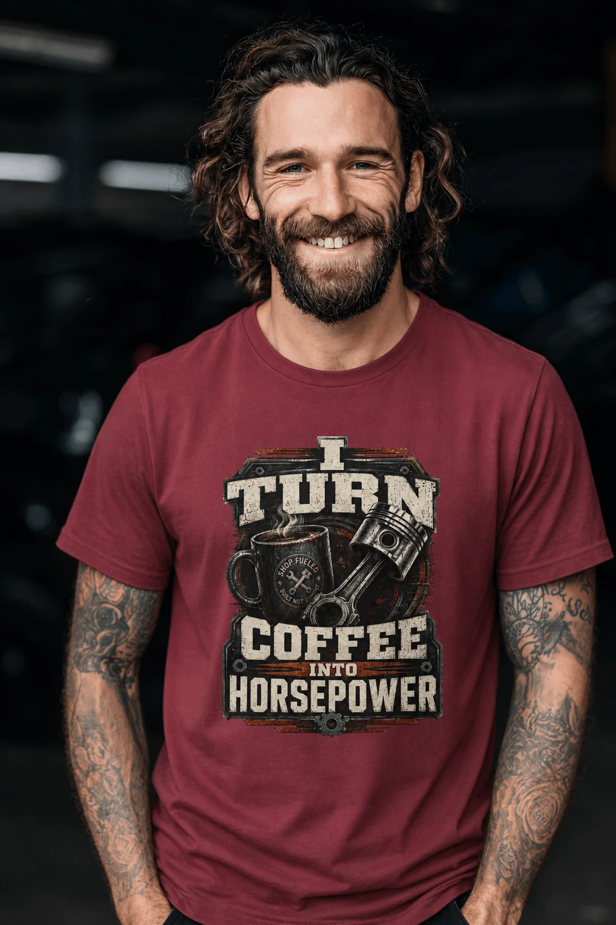 Mechanic Technician T-Shirt — "I Turn Coffee Into Horsepower" Vintage Work Shirt — chili — Model Mechanic Technician T-Shirt — "I Turn Coffee Into Horsepower" Vintage Work Shirt — chili t-shirt, model photo | Pressure Tested Co