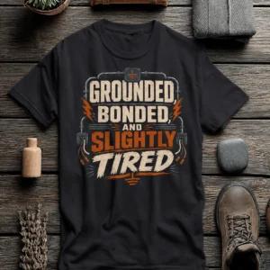 Grounded, Bonded and Slightly Tired Graphic Tee — Funny Electrical Worker Shirt — dark-grey t-shirt, flat-lay product photo | Pressure Tested Co