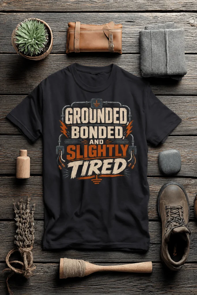 Grounded, Bonded and Slightly Tired Graphic Tee — Funny Electrical Worker Shirt — dark-grey t-shirt, flat-lay product photo | Pressure Tested Co