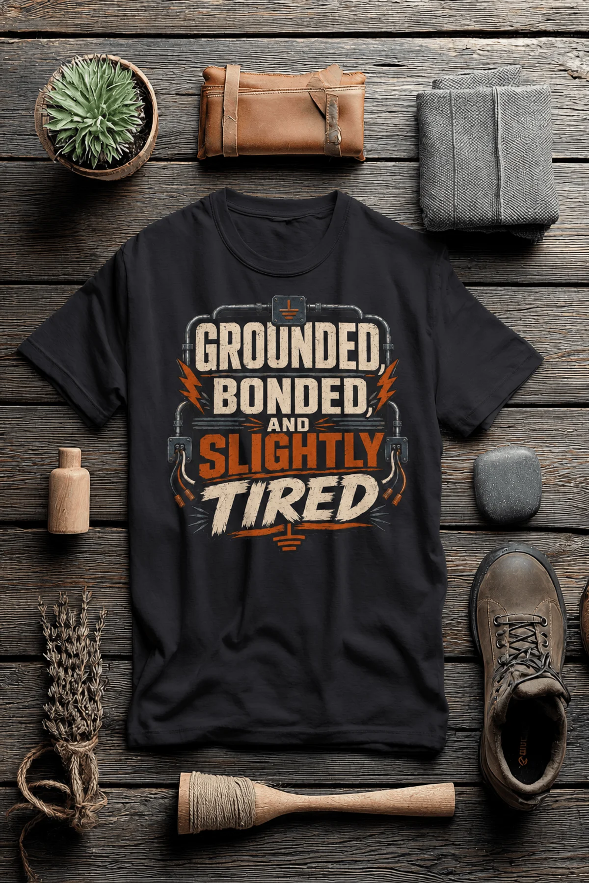 Grounded, Bonded and Slightly Tired Graphic Tee — Funny Electrical Worker Shirt — dark-grey t-shirt, flat-lay product photo | Pressure Tested Co