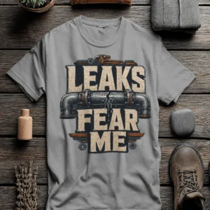 Leaks Fear Me T-Shirt - Funny Plumber Pipes Tee — dark-grey t-shirt, flat-lay product photo | Pressure Tested Co