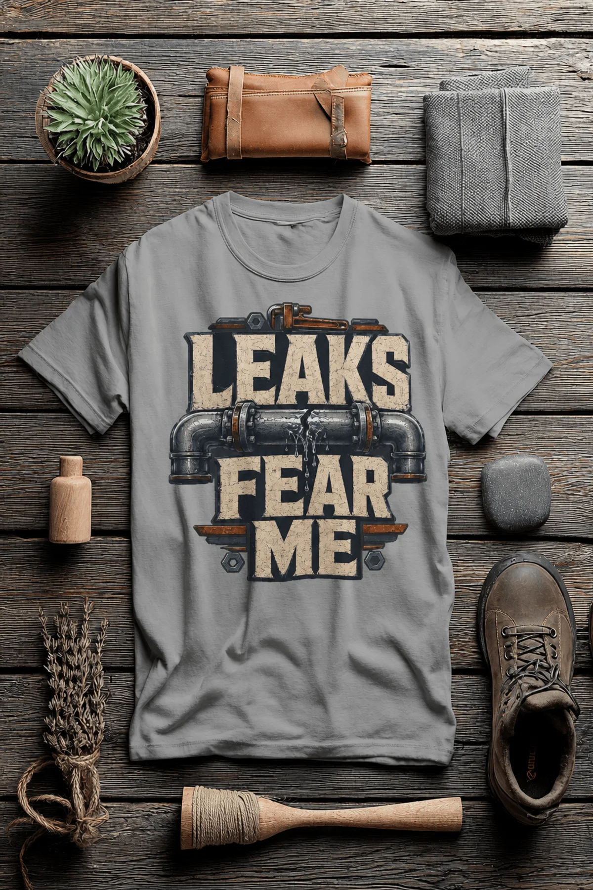 Leaks Fear Me T-Shirt - Funny Plumber Pipes Tee — dark-grey t-shirt, flat-lay product photo | Pressure Tested Co