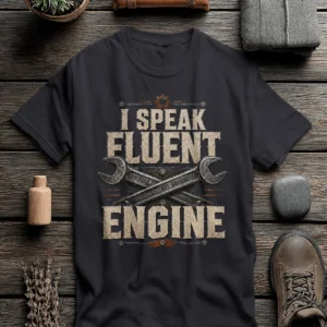 I Speak Fluent Engine T-Shirt — Mechanic Wrench Vintage Auto Repair Tee — dark-grey t-shirt, flat-lay product photo | Pressure Tested Co