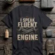 I Speak Fluent Engine T-Shirt — Mechanic Wrench Vintage Auto Repair Tee — dark-grey — Flat-lay I Speak Fluent Engine T-Shirt — Mechanic Wrench Vintage Auto Repair Tee — dark-grey t-shirt, flat-lay product photo | Pressure Tested Co