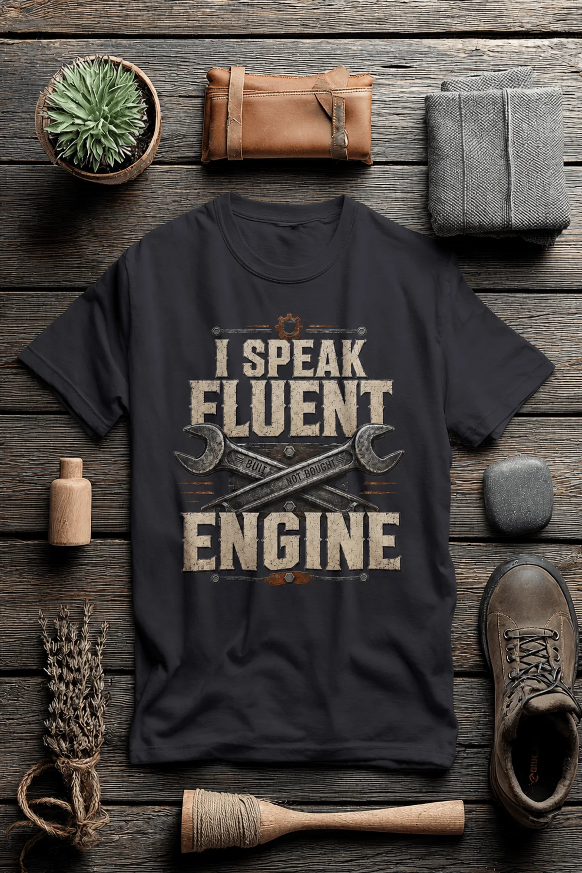 I Speak Fluent Engine T-Shirt — Mechanic Wrench Vintage Auto Repair Tee — dark-grey — Flat-lay I Speak Fluent Engine T-Shirt — Mechanic Wrench Vintage Auto Repair Tee — dark-grey t-shirt, flat-lay product photo | Pressure Tested Co