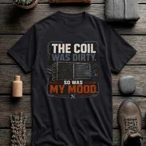 HVAC Technician Tee — “THE COIL WAS DIRTY. SO WAS MY MOOD.” — dark-grey t-shirt, flat-lay product photo | Pressure Tested Co