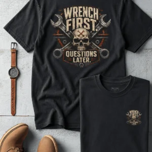 Wrench First Tee — "Wrench First, Questions Later" Mechanic Skull T-Shirt — dark-grey t-shirt, flat-lay product photo | Pressure Tested Co