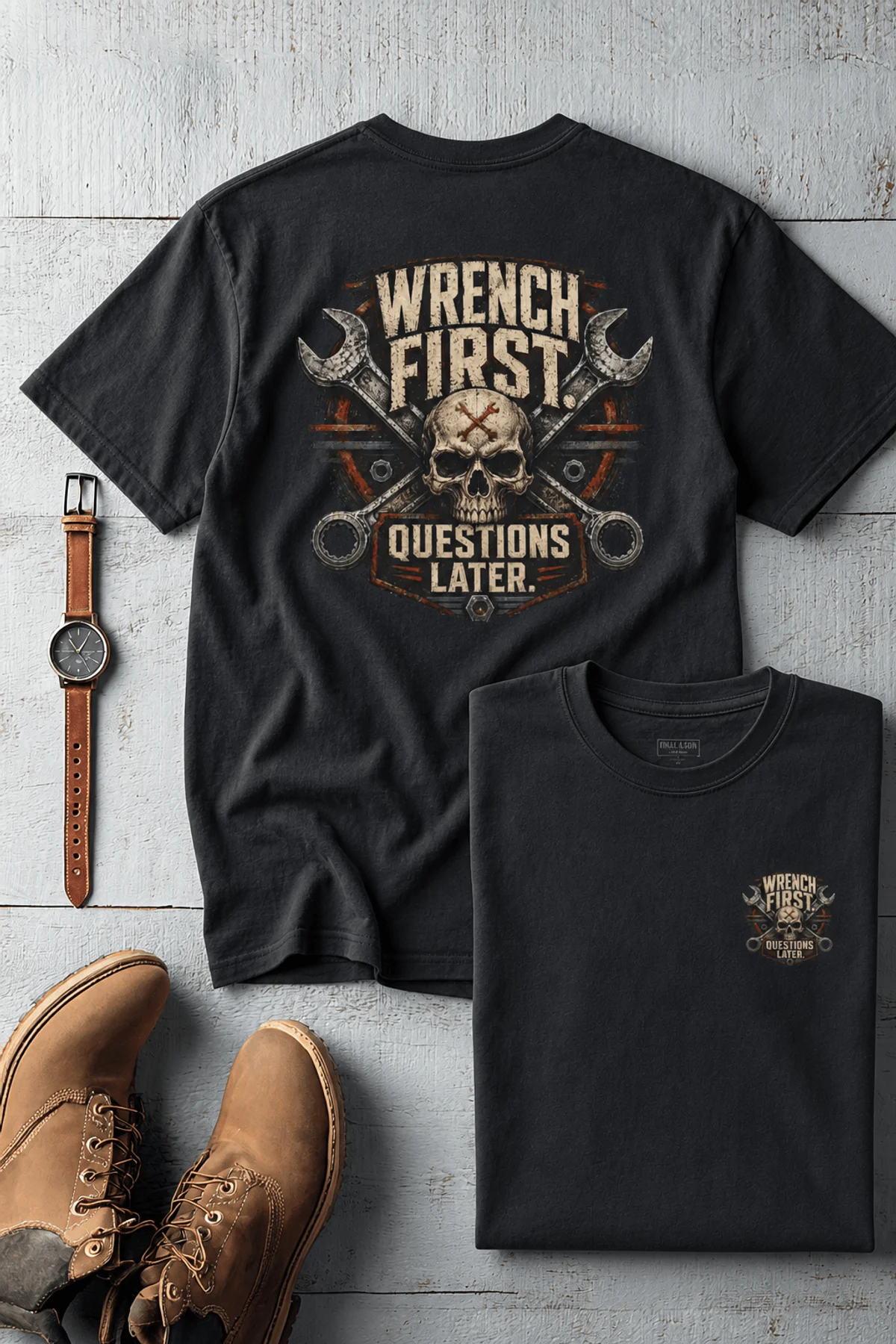 Wrench First Tee — "Wrench First, Questions Later" Mechanic Skull T-Shirt — dark-grey t-shirt, flat-lay product photo | Pressure Tested Co