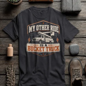 Bucket Truck T-Shirt - “My Other Ride Is A Bucket Truck” Utility Crew/Electrician Tee — dark-grey t-shirt, flat-lay product photo | Pressure Tested Co