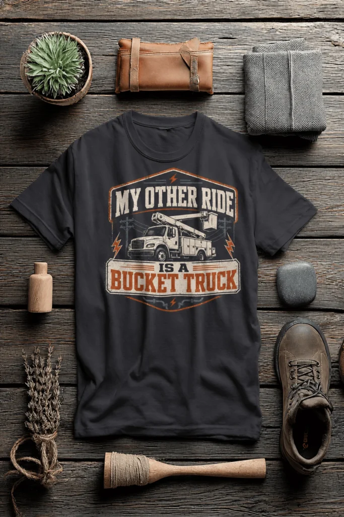Bucket Truck T-Shirt - “My Other Ride Is A Bucket Truck” Utility Crew/Electrician Tee — dark-grey t-shirt, flat-lay product photo | Pressure Tested Co