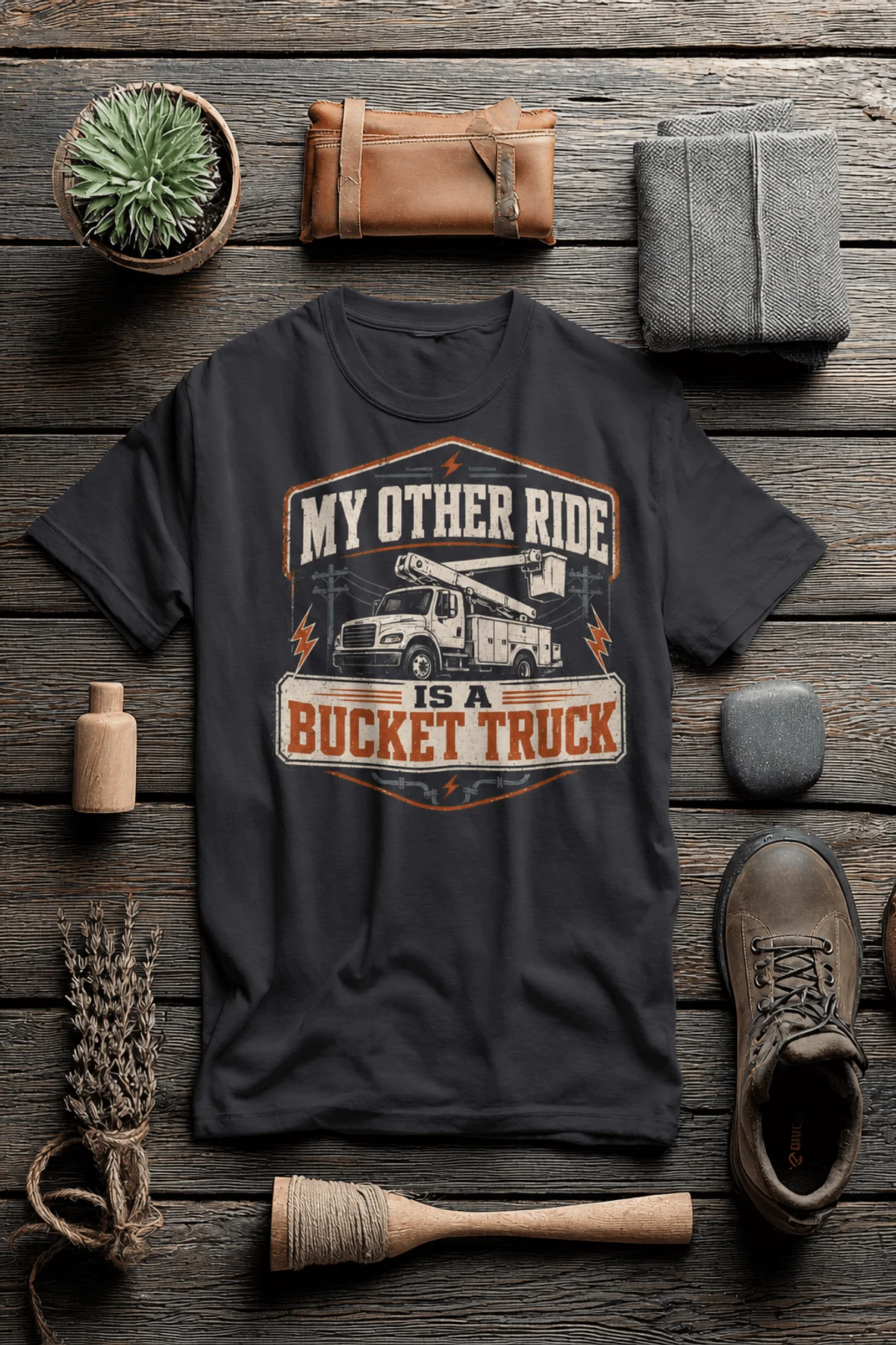Bucket Truck T-Shirt - “My Other Ride Is A Bucket Truck” Utility Crew/Electrician Tee — dark-grey t-shirt, flat-lay product photo | Pressure Tested Co