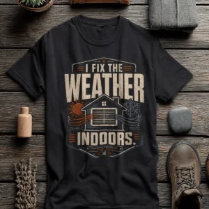 Funny HVAC Technician Tee - “I Fix The Weather Indoors.” Cooling/Furnace Shop Work Shirt — dark-grey t-shirt, flat-lay product photo | Pressure Tested Co