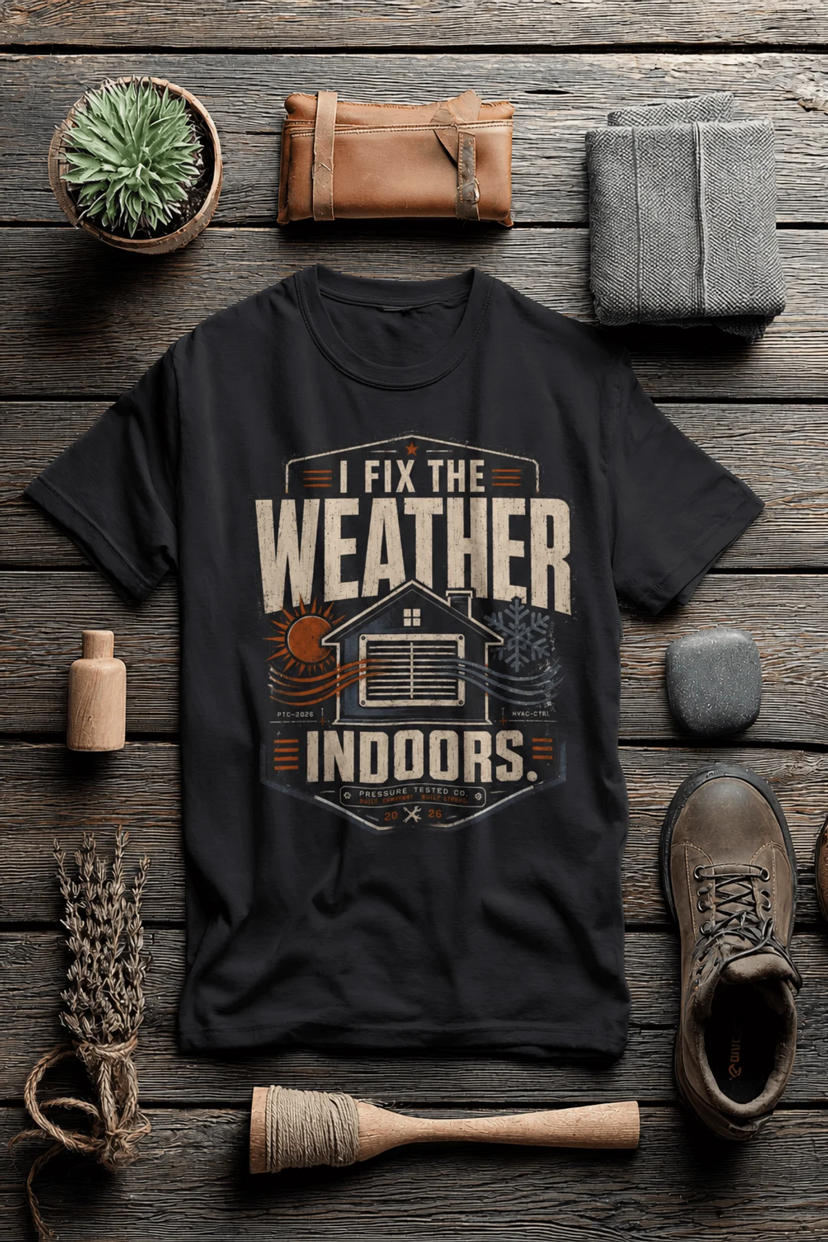 Funny HVAC Technician Tee - “I Fix The Weather Indoors.” Cooling/Furnace Shop Work Shirt — dark-grey — Flat-lay Funny HVAC Technician Tee - “I Fix The Weather Indoors.” Cooling/Furnace Shop Work Shirt — dark-grey t-shirt, flat-lay product photo | Pressure Tested Co