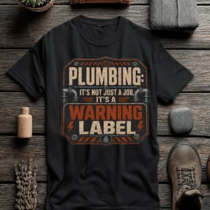 Plumbing Warning Label T-Shirt — Funny Plumber Shirt — dark-grey t-shirt, flat-lay product photo | Pressure Tested Co