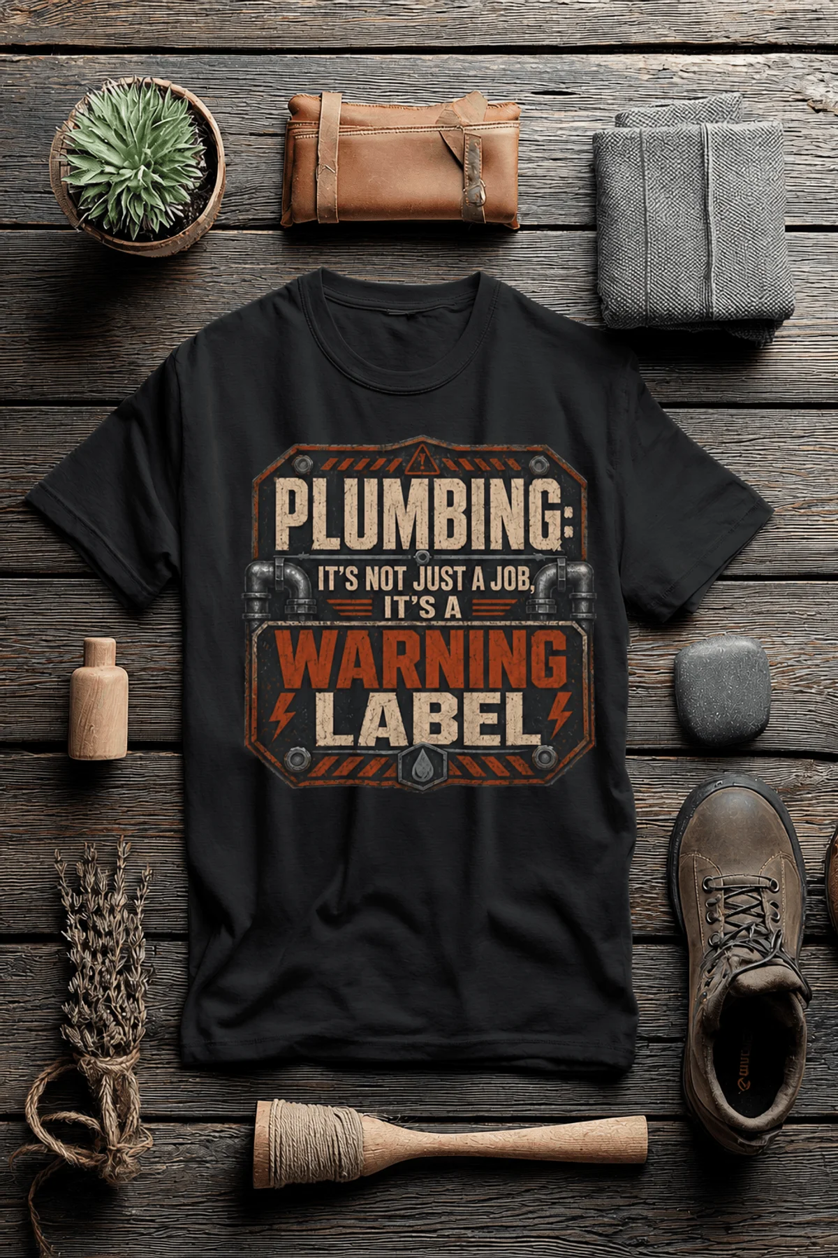 Plumbing Warning Label T-Shirt — Funny Plumber Shirt — dark-grey t-shirt, flat-lay product photo | Pressure Tested Co