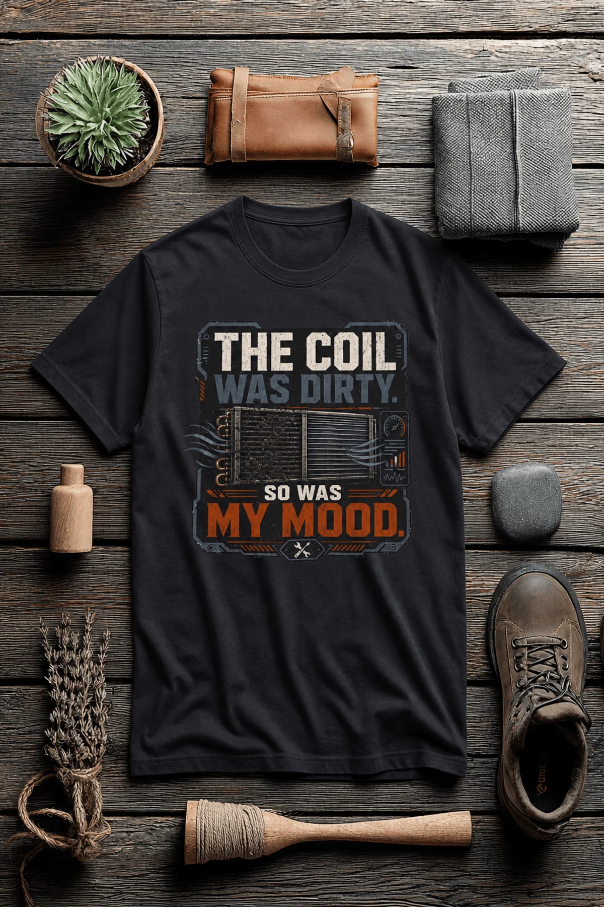 HVAC Technician Tee — “THE COIL WAS DIRTY. SO WAS MY MOOD.” — dark-grey — Flat-lay HVAC Technician Tee — “THE COIL WAS DIRTY. SO WAS MY MOOD.” — dark-grey t-shirt, flat-lay product photo | Pressure Tested Co