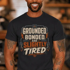 Grounded, Bonded and Slightly Tired Graphic Tee — Funny Electrical Worker Shirt — dark-grey t-shirt, model photo | Pressure Tested Co