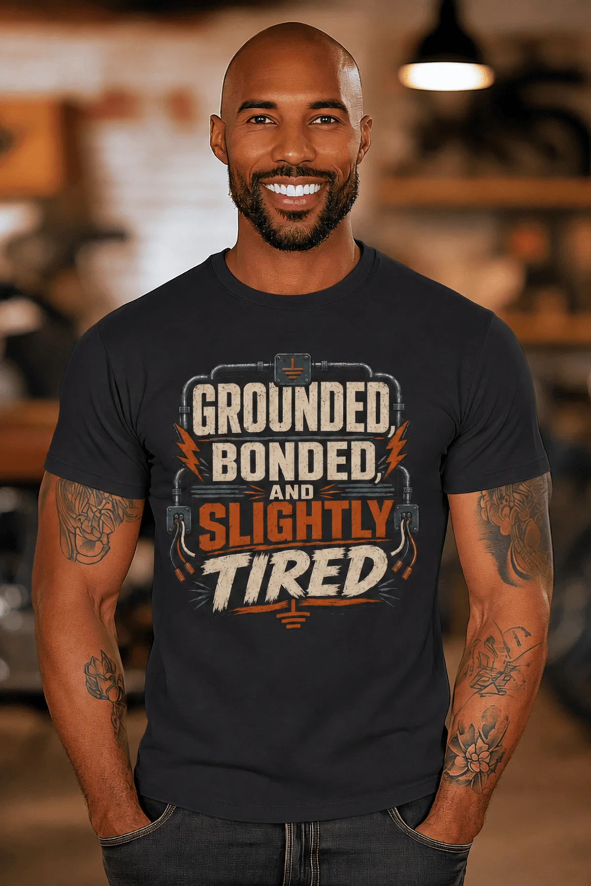 Grounded, Bonded and Slightly Tired Graphic Tee — Funny Electrical Worker Shirt — dark-grey t-shirt, model photo | Pressure Tested Co