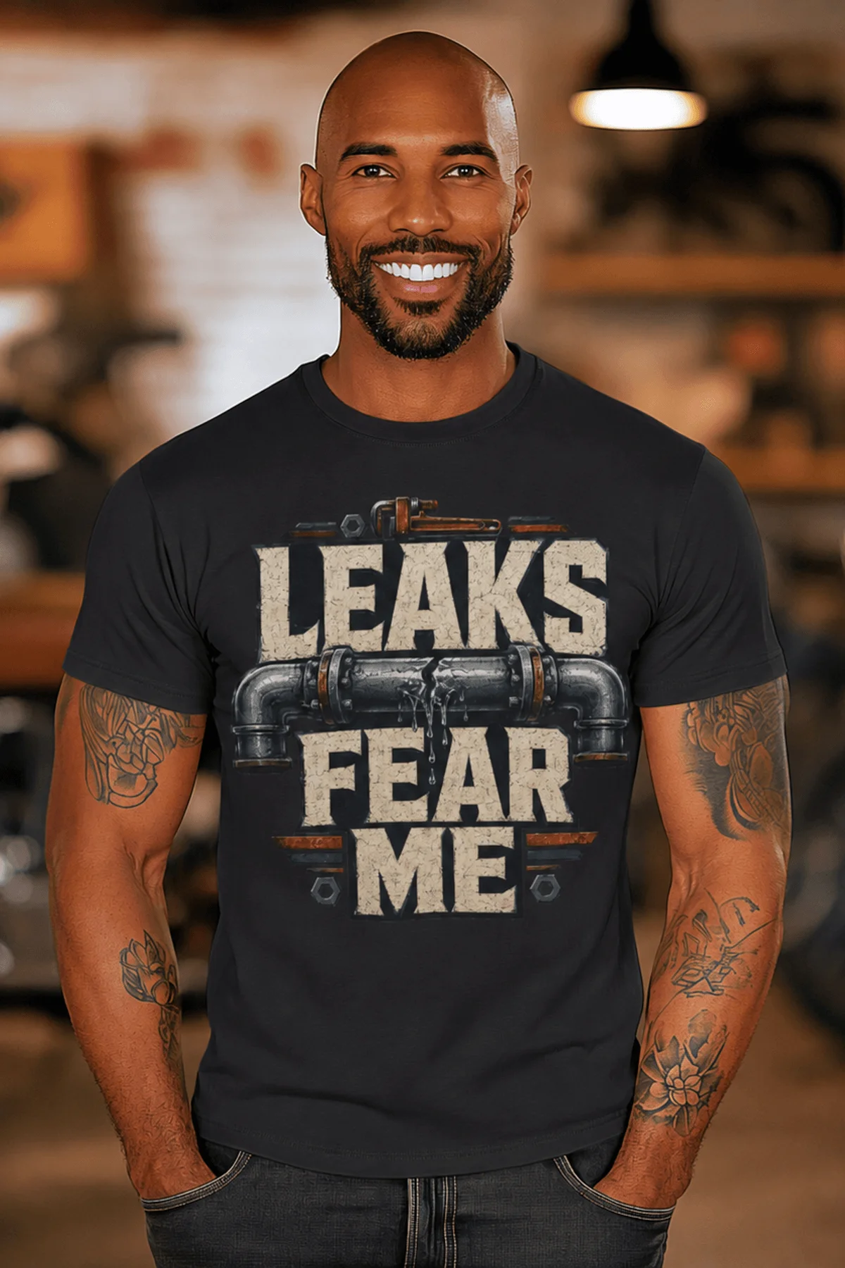 Leaks Fear Me T-Shirt - Funny Plumber Pipes Tee — dark-grey t-shirt, model photo | Pressure Tested Co