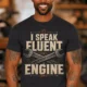 I Speak Fluent Engine T-Shirt — Mechanic Wrench Vintage Auto Repair Tee — dark-grey — Model I Speak Fluent Engine T-Shirt — Mechanic Wrench Vintage Auto Repair Tee — dark-grey t-shirt, model photo | Pressure Tested Co