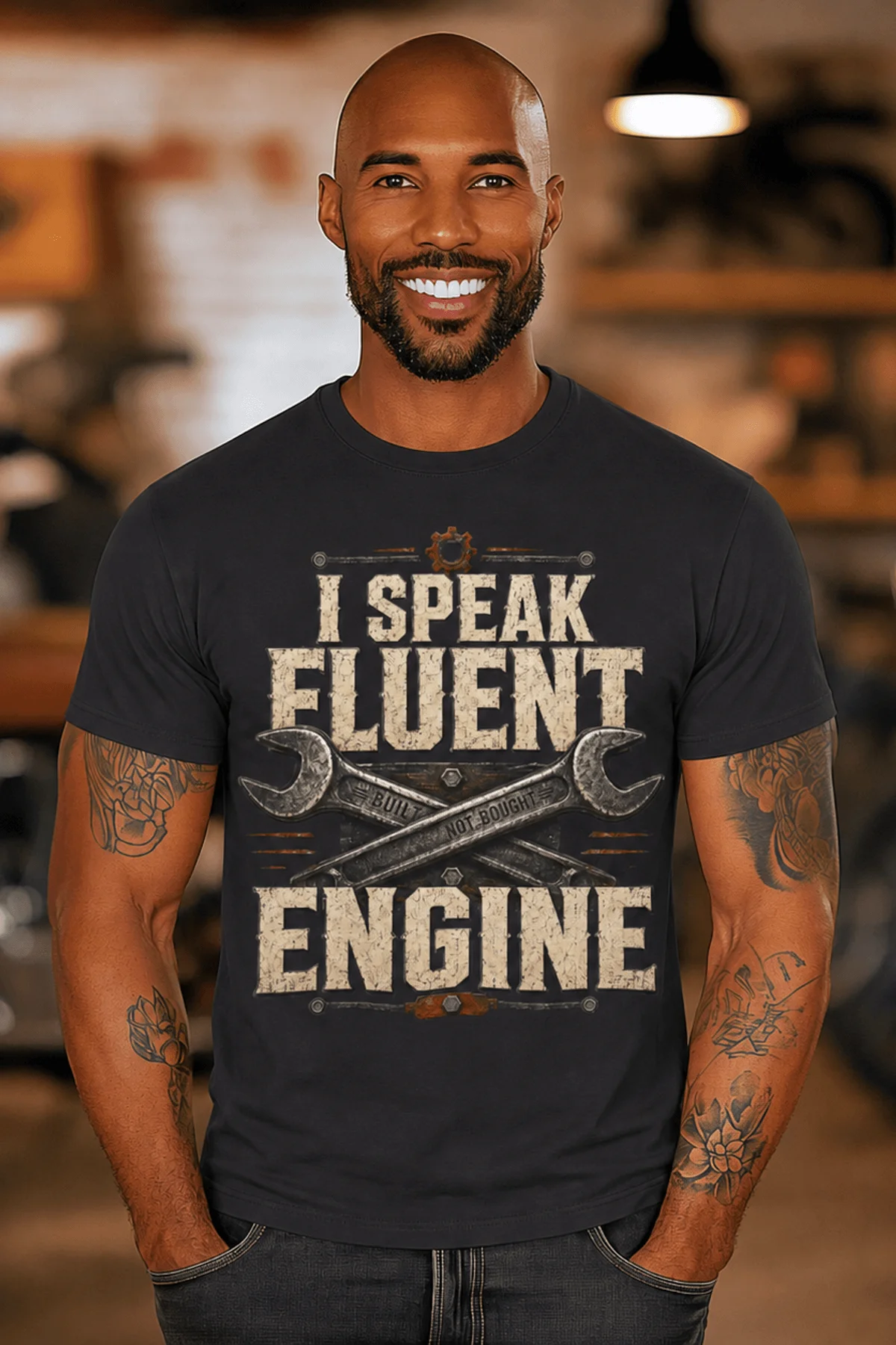 I Speak Fluent Engine T-Shirt — Mechanic Wrench Vintage Auto Repair Tee — dark-grey — Model I Speak Fluent Engine T-Shirt — Mechanic Wrench Vintage Auto Repair Tee — dark-grey t-shirt, model photo | Pressure Tested Co