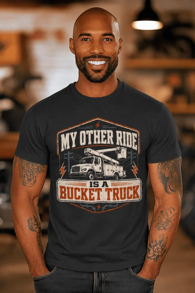 Bucket Truck T-Shirt - “My Other Ride Is A Bucket Truck” Utility Crew/Electrician Tee — dark-grey t-shirt, model photo | Pressure Tested Co