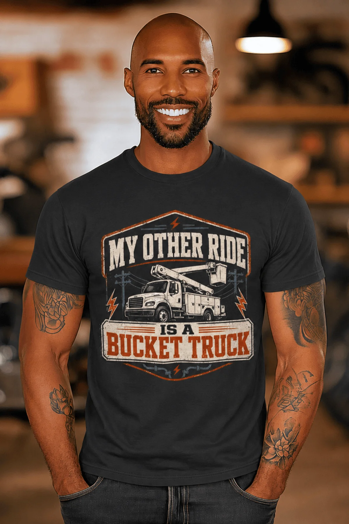 Bucket Truck T-Shirt - “My Other Ride Is A Bucket Truck” Utility Crew/Electrician Tee — dark-grey t-shirt, model photo | Pressure Tested Co