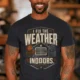 Funny HVAC Technician Tee - “I Fix The Weather Indoors.” Cooling/Furnace Shop Work Shirt — dark-grey — Model Funny HVAC Technician Tee - “I Fix The Weather Indoors.” Cooling/Furnace Shop Work Shirt — dark-grey t-shirt, model photo | Pressure Tested Co