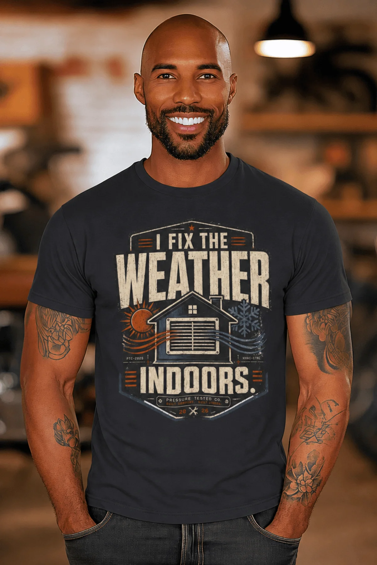 Funny HVAC Technician Tee - “I Fix The Weather Indoors.” Cooling/Furnace Shop Work Shirt — dark-grey — Model Funny HVAC Technician Tee - “I Fix The Weather Indoors.” Cooling/Furnace Shop Work Shirt — dark-grey t-shirt, model photo | Pressure Tested Co