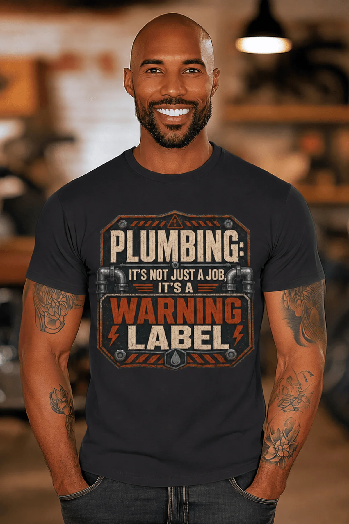 Plumbing Warning Label T-Shirt — Funny Plumber Shirt — dark-grey t-shirt, model photo | Pressure Tested Co