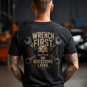 Wrench First Tee — "Wrench First, Questions Later" Mechanic Skull T-Shirt — dark-grey t-shirt, model photo | Pressure Tested Co