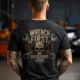 Wrench First Tee — "Wrench First, Questions Later" Mechanic Skull T-Shirt — dark-grey t-shirt, model photo | Pressure Tested Co