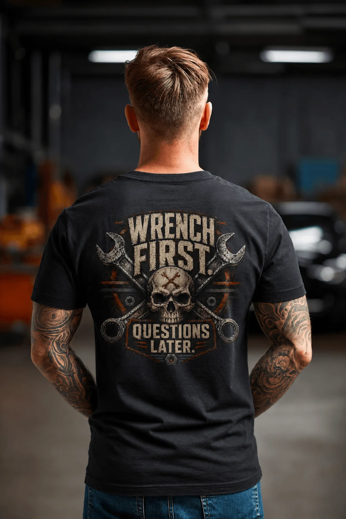 Wrench First Tee — "Wrench First, Questions Later" Mechanic Skull T-Shirt — dark-grey t-shirt, model photo | Pressure Tested Co