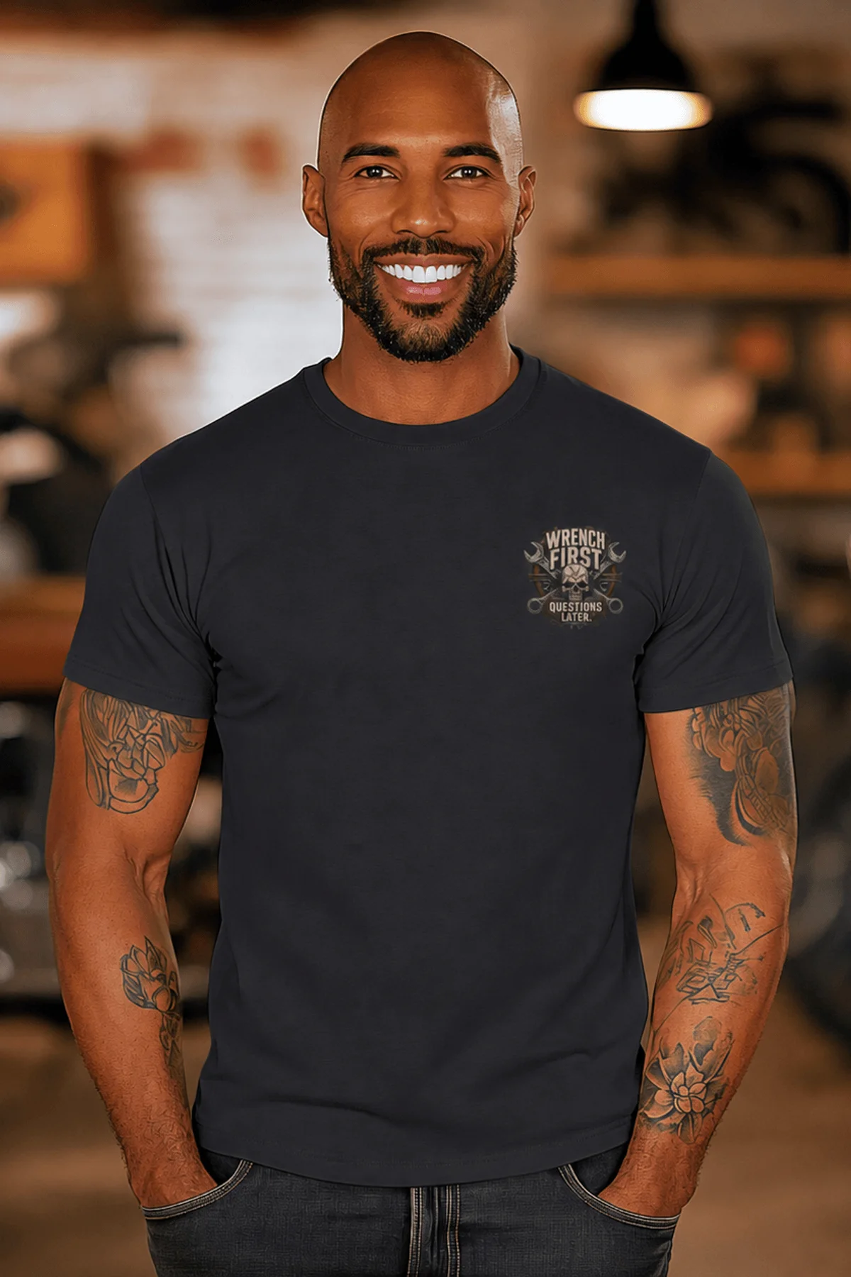 Wrench First Tee — "Wrench First, Questions Later" Mechanic Skull T-Shirt — dark-grey t-shirt, model photo | Pressure Tested Co