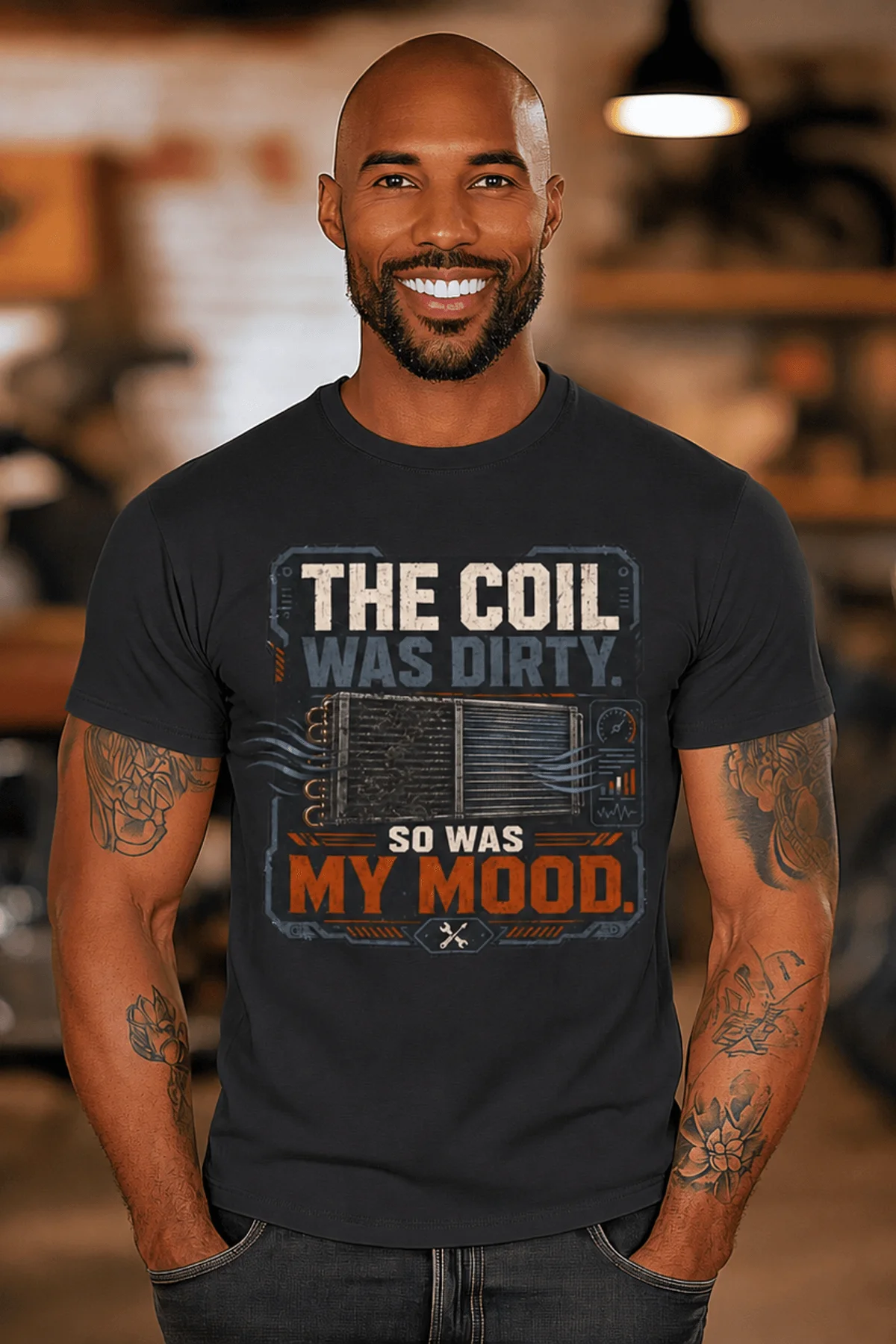 HVAC Technician Tee — “THE COIL WAS DIRTY. SO WAS MY MOOD.” — dark-grey — Model HVAC Technician Tee — “THE COIL WAS DIRTY. SO WAS MY MOOD.” — dark-grey t-shirt, model photo | Pressure Tested Co