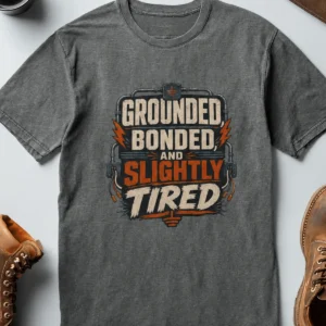 Grounded, Bonded and Slightly Tired Graphic Tee — Funny Electrical Worker Shirt — deep-heather t-shirt, flat-lay product photo | Pressure Tested Co