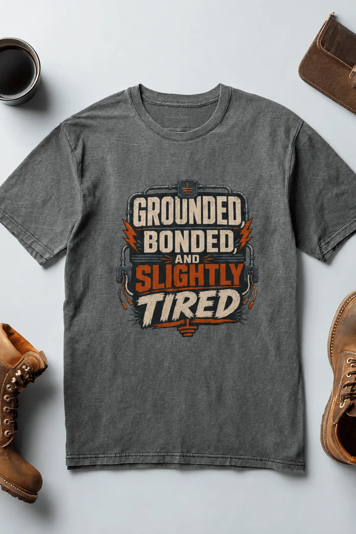 Grounded, Bonded and Slightly Tired Graphic Tee — Funny Electrical Worker Shirt — deep-heather t-shirt, flat-lay product photo | Pressure Tested Co